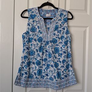 Sigrid Olsen‎ Womens Blue Floral Print Blouse with Embroidery Spring 100% Cotton